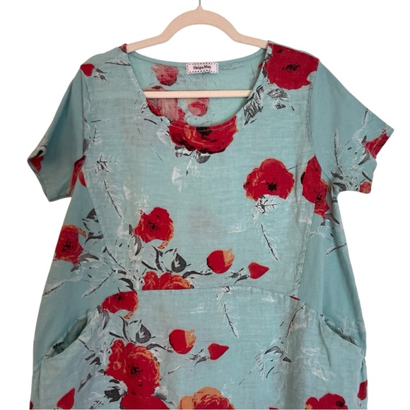 Helga May Italy Relaxed Linen Floral Short Sleeve Dress Light Blue Red Medium - Picture 2 of 6